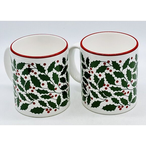 Waechtersbach SPAIN White Christmas Green Holly Red Berries Coffee Mug Lot of 2 - Picture 4 of 9